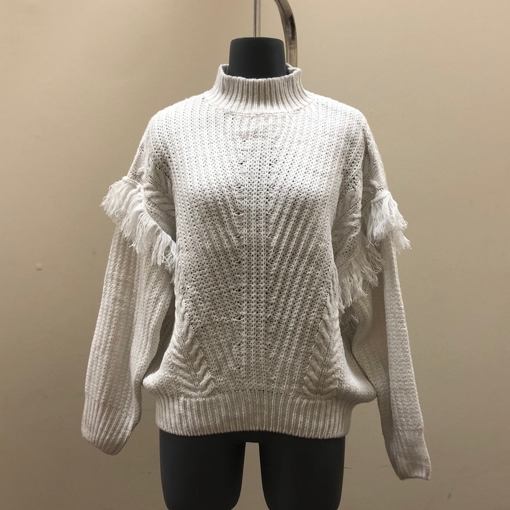 [L+A] Off-white Mock neck Fringe Ribbed Chunky Knit sweater